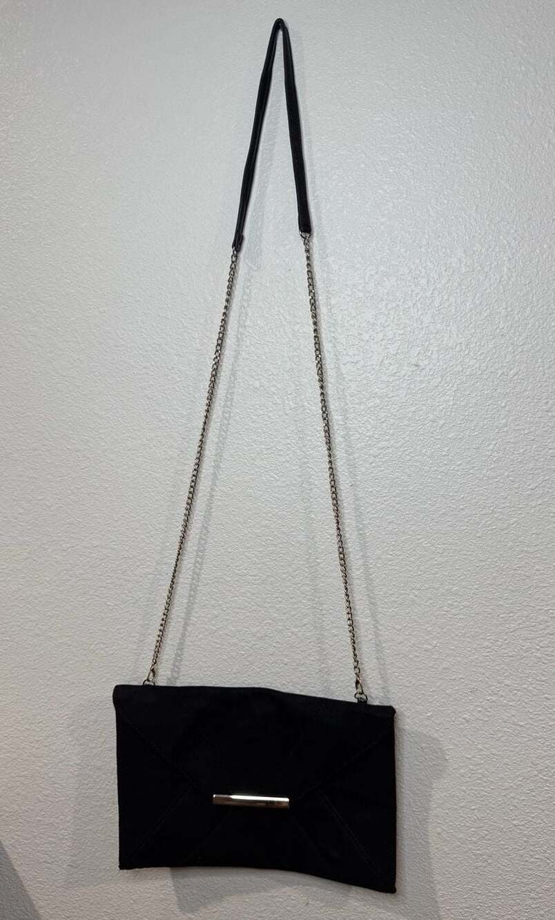 ASOS DesignBlack Suedette Chain Bar Envelope Clutch Bag with Detachable Strap